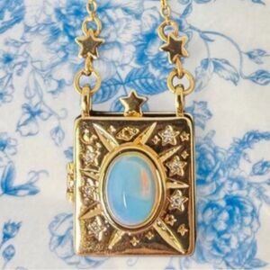 Celestial Gold Stars Moon Locket Necklace w/Opal Rainbow Moonstone Pendant ✨LAST